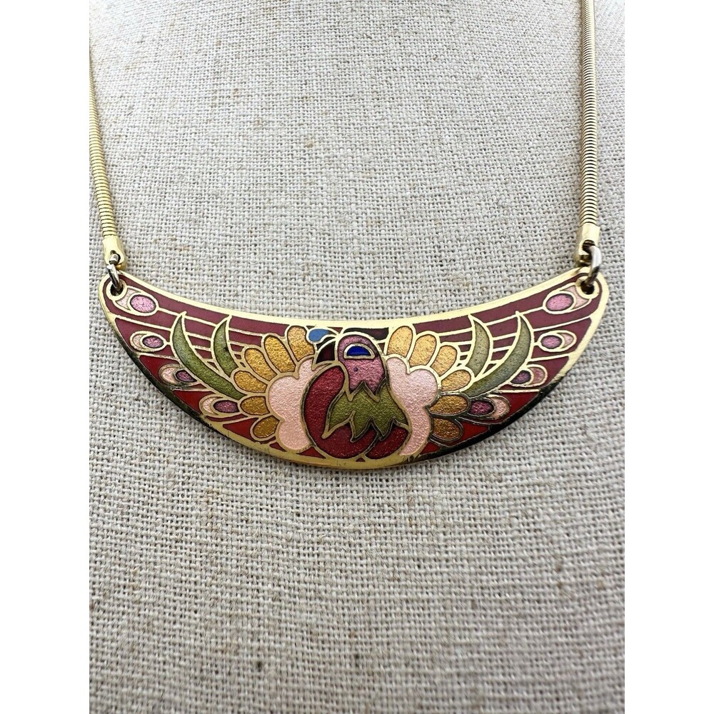 Vintage Colorful Cloisonné Bird Necklace 17”Gold Tone
